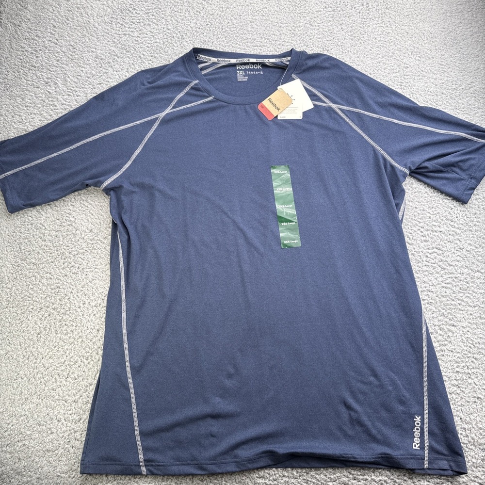 Reebok Play Dry Mens XXXL 3XL Short Sleeve Crew Neck Shirt Blue Stretch Loose